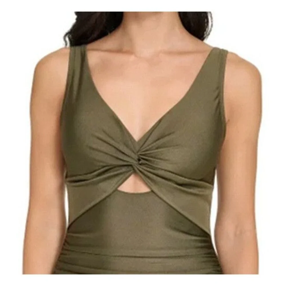 DKNY Shirred Keyhole Detail One-Piece Swimsuit Green Moss Shimmer XXL NWT - Picture 4 of 4